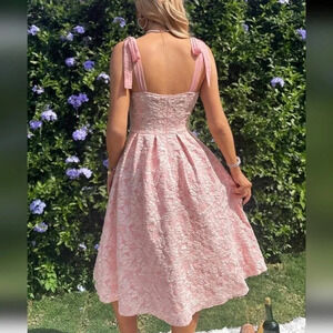 Relief Flower Pattern Waist-Tied Romantic Dress With Twisted Knot Pink Dress